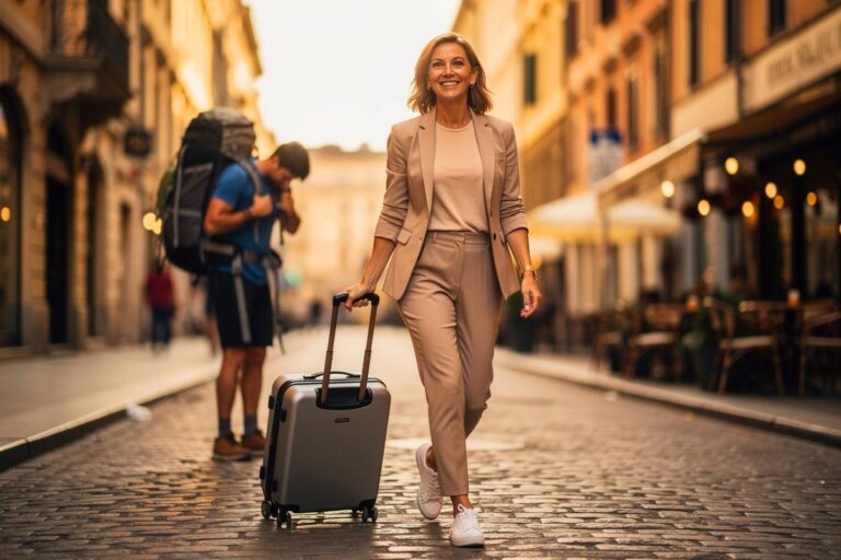 Illustration von einer entspannten Reisenden mit leichtem Rollkoffer in einer urbanen Umgebung, die den Kontrast zum klassischen, schwer bepackten Rucksacktouristen darstellt.