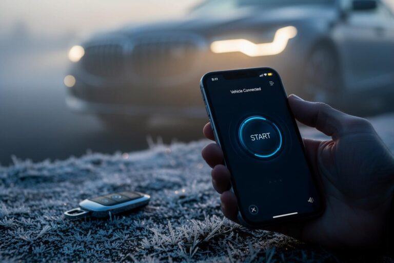 Illustration von einem Smartphone, das ein Auto symbolisch per digitalem Signal startet, während ein physischer Autoschlüssel daneben verblasst.