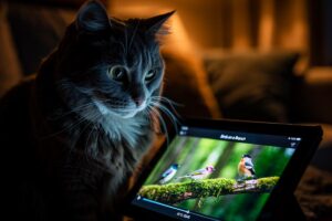 Illustration von einer neugierigen Hauskatze, die fasziniert auf einen Tablet-Bildschirm schaut, auf dem ein Video mit zwitschernden Vögeln zu sehen ist.