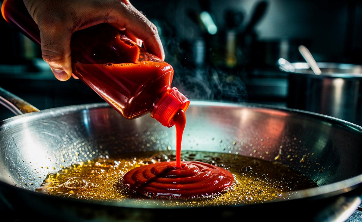 Köche stehen Schlange für Ketchup in der Bratpfanne, was sie heimlich tun