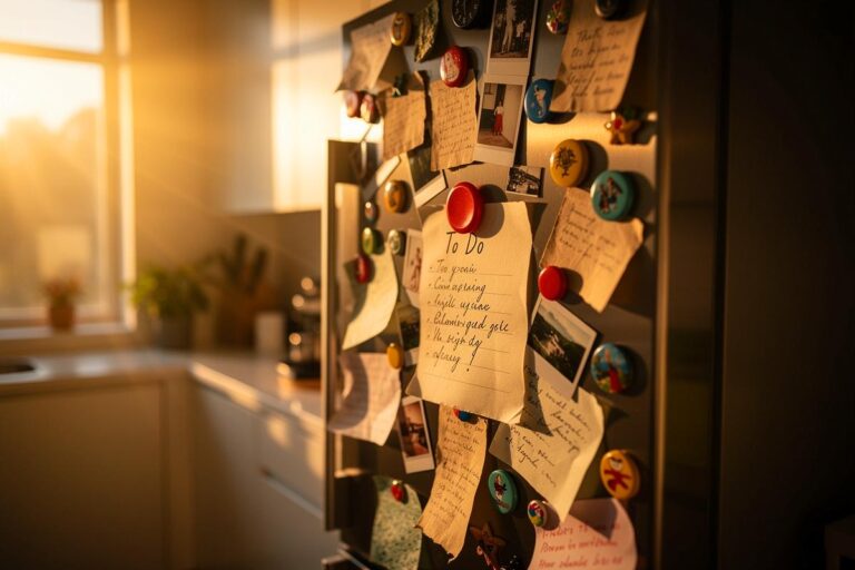 Illustration von einer mit bunten handgeschriebenen Notizen, Postkarten und Fotos beklebten Kühlschranktür, die als analoges Organisationszentrum dient.