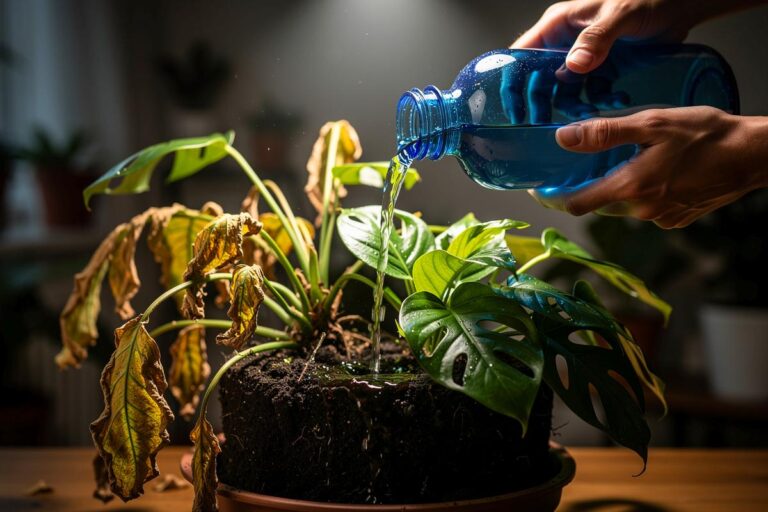 Illustration von einer verwirrten Person, die eine geheimnisvolle blaue Glasflasche hält, während eine welkende Zimmerpflanze daneben plötzlich neue, gesunde grüne Triebe bildet.