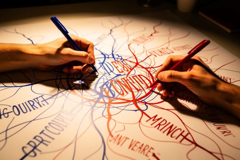 Illustration von zwei Händen, die gleichzeitig mit je einem Stift auf einem großen Blatt Papier schreiben und zeichnen, umgeben von fließenden, neuronalen Verbindungen und kreativen Symbolen.