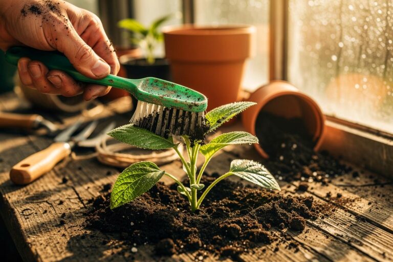 Illustration von einer Hand, die eine umfunktionierte Zahnbürste benutzt, um vorsichtig eine junge Pflanze zu pflegen, während im Hintergrund weitere Gartenwerkzeuge und Töpfe zu sehen sind.