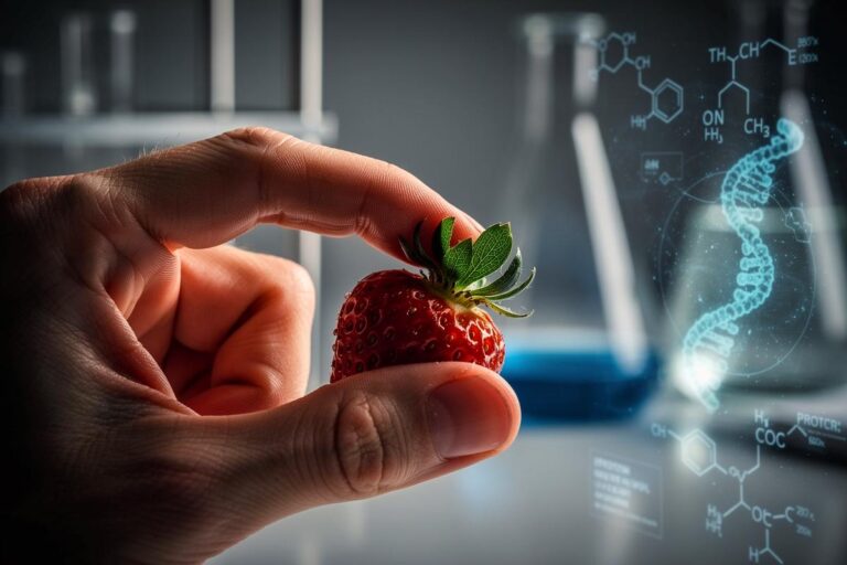 Illustration von einer Hand, die eine Erdbeere rückwärts schält, während im Hintergrund stilisierte Moleküle und Enzymstrukturen auf die wissenschaftliche Untersuchung des Prozesses hinweisen.